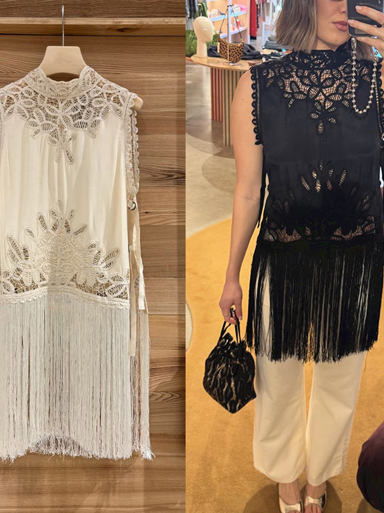 Tassel Fringe Trim - Kemeja Wanita Kerah Tegak Tanpa Lengan