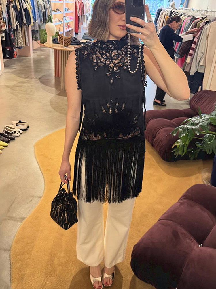 Kemeja Wanita Kerah Tegak Tanp - Tassel Fringe Trim ulasan dan harga